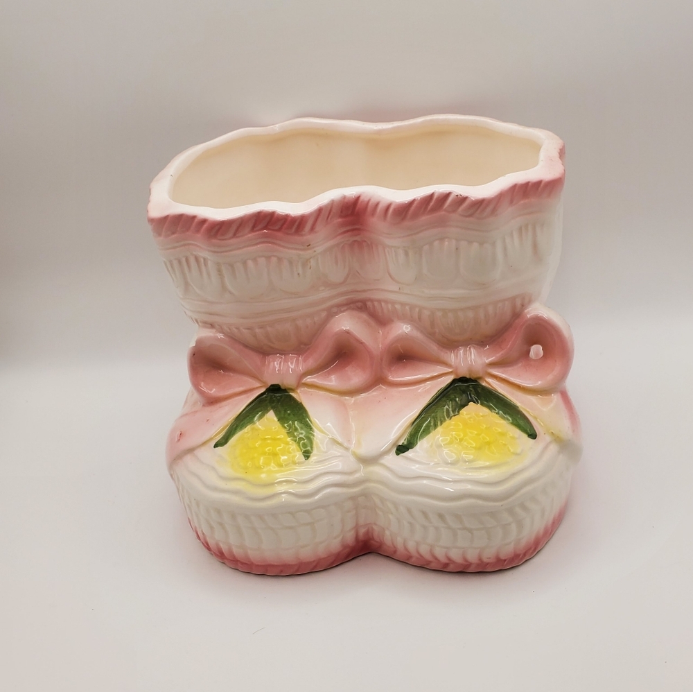 Vintage Pink White Baby Booties Planter Baby‎ Shower Gift Nursery Decor MCM